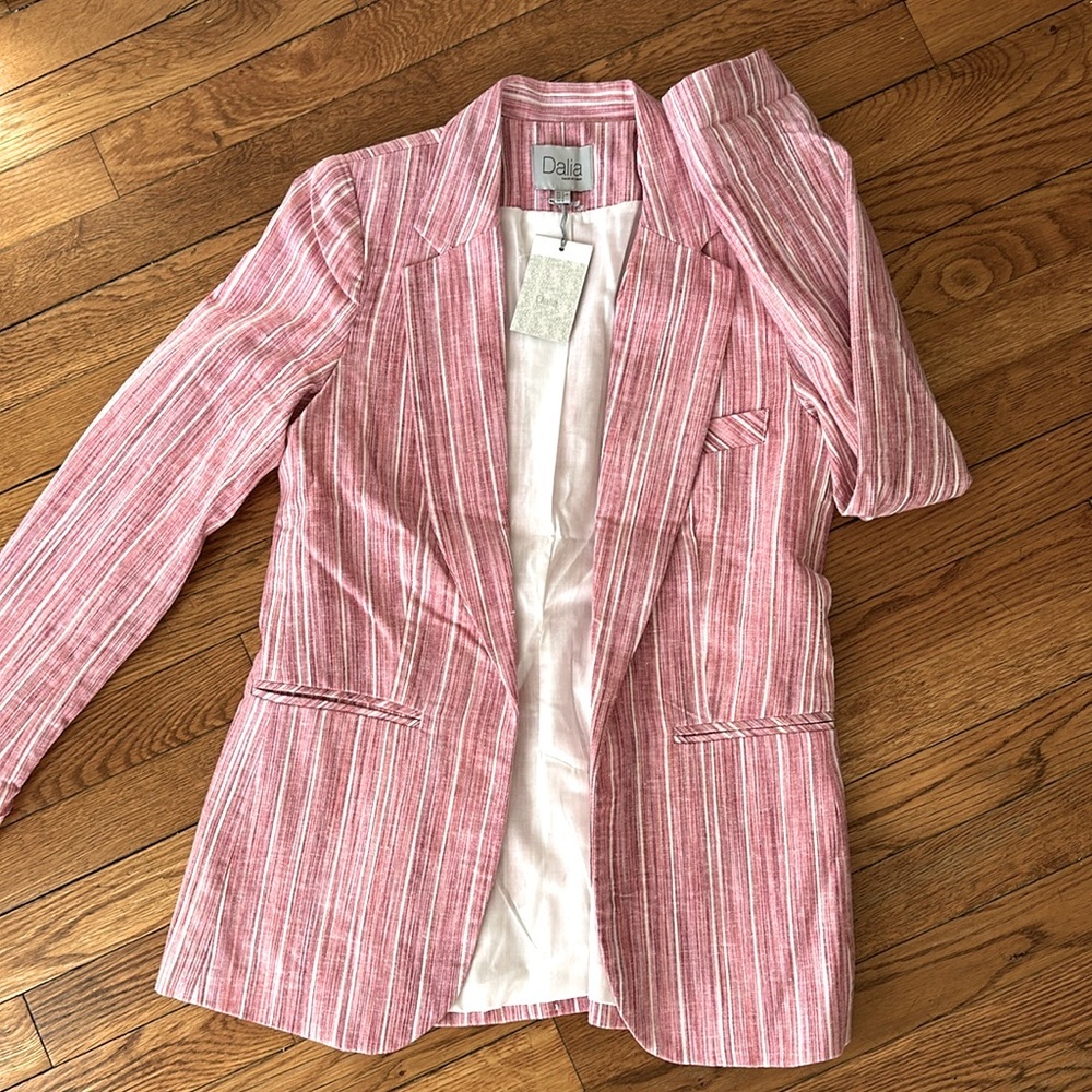 NWT Dalia Linen cotton blend pink salmon stripe open blazer casual spring